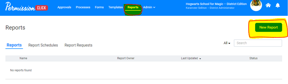 New Report button.png Go to Reports Tab and Click on New Report
