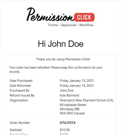 Refund confirmation email